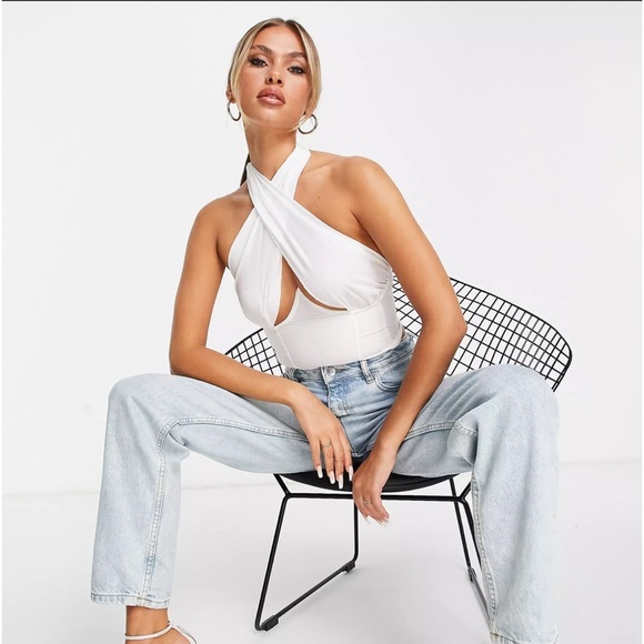 NWT ASOS ASYOU White Chiffon Mix Halter Crossover Top - Picture 4 of 5